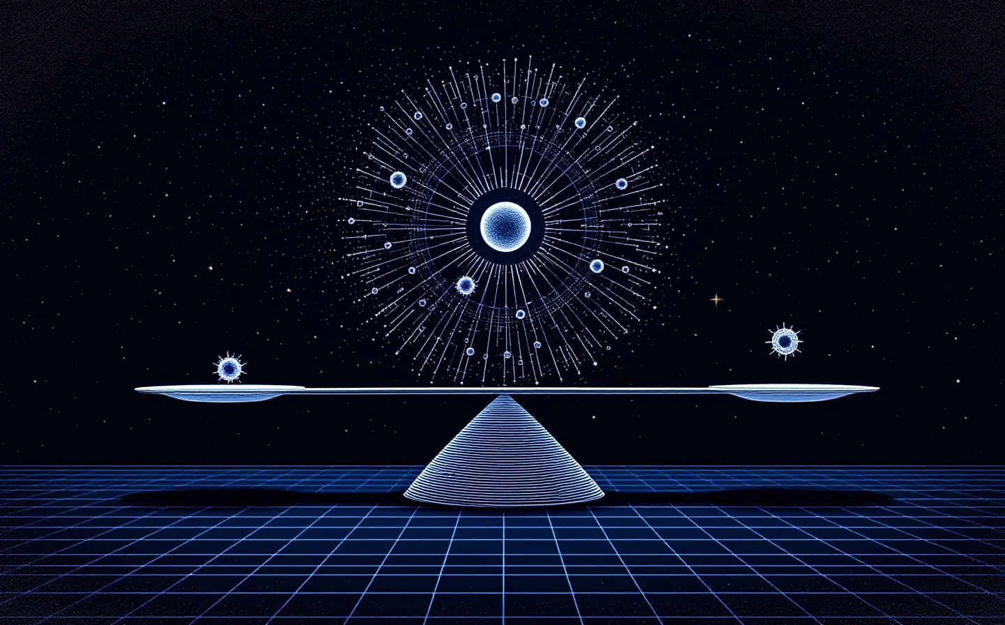 An abstract beam-balance weighing a regulatory immune arm against a stimulating arm, fulcrum marked in gold, on indigo-night